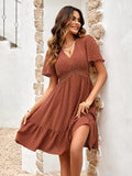 V-Neck Solid Color Ruffle Sleeve Dress