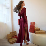 Long-Sleeved Paneled Satin Backless Slit Maxi Dress