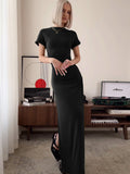 Solid Color Short-Sleeved Long Slim Double-Layer Slit Dresses
