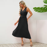 V-Neck Pleated Waistband Dress