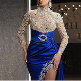 Blue Gold-Sprinkled Slit Half Turtleneck Evening Dresses