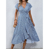 V Neck Floral Short Sleeve Asymmetric Hem Dress