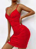 Spaghetti Strap Backless Ruched Bodycon Midi Dresses