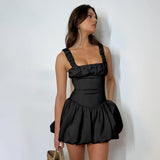 Gathered Puffy Suspender Dresses