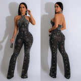 Rhinestone Sleeveless Halterneck Jumpsuit