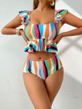 Colorful Striped Ruffled One Piece Swimsuits