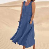 Sleeveless Round Neck Cotton And Linen Dress