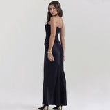 Waist Tied Strapless One Line Neckline Long Skirt