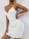 Spaghetti Strap Backless Ruched Bodycon Midi Dresses