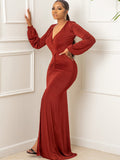 V Neck Long Sleeve Ruched Maxi Dresses