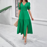 Temperament V-Neck Short-Sleeved Long Skirts