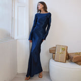 Long-Sleeved Paneled Satin Backless Slit Maxi Dress