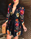 Fashionable And Sexy Long Sleeved V-Neck Printed Dress