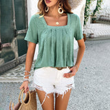 Square Neck Solid Color Short Sleeve T-Shirt Tops