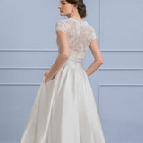 A-Line/Princess V-neck Tea-Length Satin Wedding Dress With Ruffle Pockets