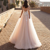 A-Line/Princess Sweep/Brush Train V-neck Applique Tulle Short Sleeves Wedding Dresses