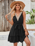 Solid V-Neck Sleeveless Lace Waistband Dress