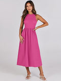 Round Neck Ribbed Sleeveless Dress With Pockets