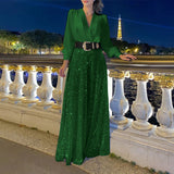 V-Neck Long Sleeved Shirt Elegant Waistband Sequin Wide Leg Jumpsuit