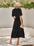 V-Neck Ruffle Sleeve Solid Color Long Dress