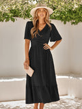 V-Neck Ruffle Sleeve Solid Color Long Dress