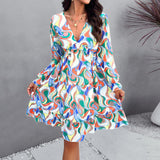 Printed V-Neck Long Sleeved Dresses