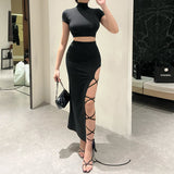 Slit Cross Strap Short Sleeve Skirt Set