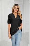 V-Neck Solid Color Hollow Puff Sleeve Loose T-Shirts