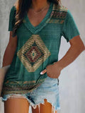 V Neck Pullover Ethnic Print T-shirts