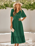 V-Neck Ruffle Sleeve Solid Color Long Dress