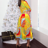 Plus Size Long Sleeve High Waisted Lapel Printed Full Skirt Dresses