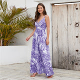 Summer V Neck Spaghetti Strap Backless Sleeveless Boho Floral Maxi Dresses