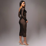 Sexy Mesh Spliced Slant Neck Off-Shoulder Slim Long Dress