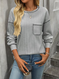 Solid Color Round Neck Pocket Casual Loose T-Shirt