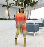 Plus Size Two Piece Tie Dyed Slit Tops+Bodycon Pants Sets