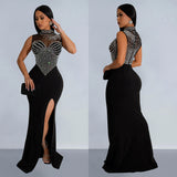 Mesh Rhinestone Sleeveless Slit Maxi Dress