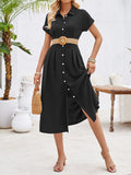 Lapel Single-Breasted Short-Sleeved Pleated Maxi Dress