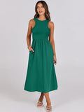 Round Neck Ribbed Sleeveless Dress With Pockets