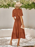 V-Neck Ruffle Sleeve Solid Color Long Dress