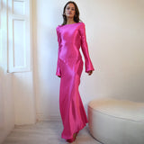 Long-Sleeved Paneled Satin Backless Slit Maxi Dress