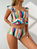 Colorful Striped Ruffled One Piece Swimsuits