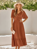 V-Neck Ruffle Sleeve Solid Color Long Dress