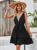 Solid V-Neck Sleeveless Lace Waistband Dress