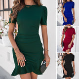 Round Neck Solid Color Temperament Slim Dresses