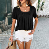 Square Neck Solid Color Short Sleeve T-Shirt Tops