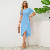 Round Neck Short Sleeve Puff Sleeve Slim Fit Dress