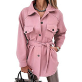 Long Sleeve Solid Lapel Button Belted Woolen Coat