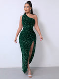 Sequined One-Shoulder Sleeveless Slit Dresses