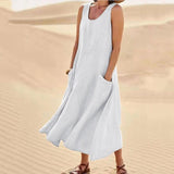 Sleeveless Round Neck Cotton And Linen Dress