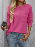 Waffle Solid Color Round Neck Pocket Casual Loose T-Shirt